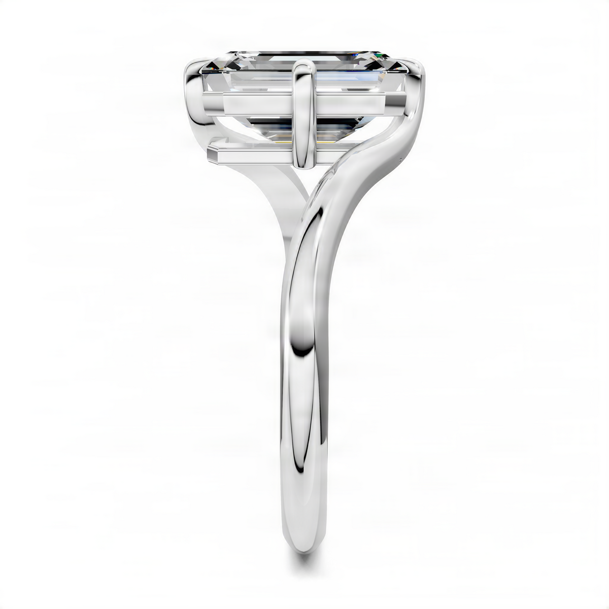 White metal bypass solitaire ring with emerald-cut diamond centerpiece and split shank