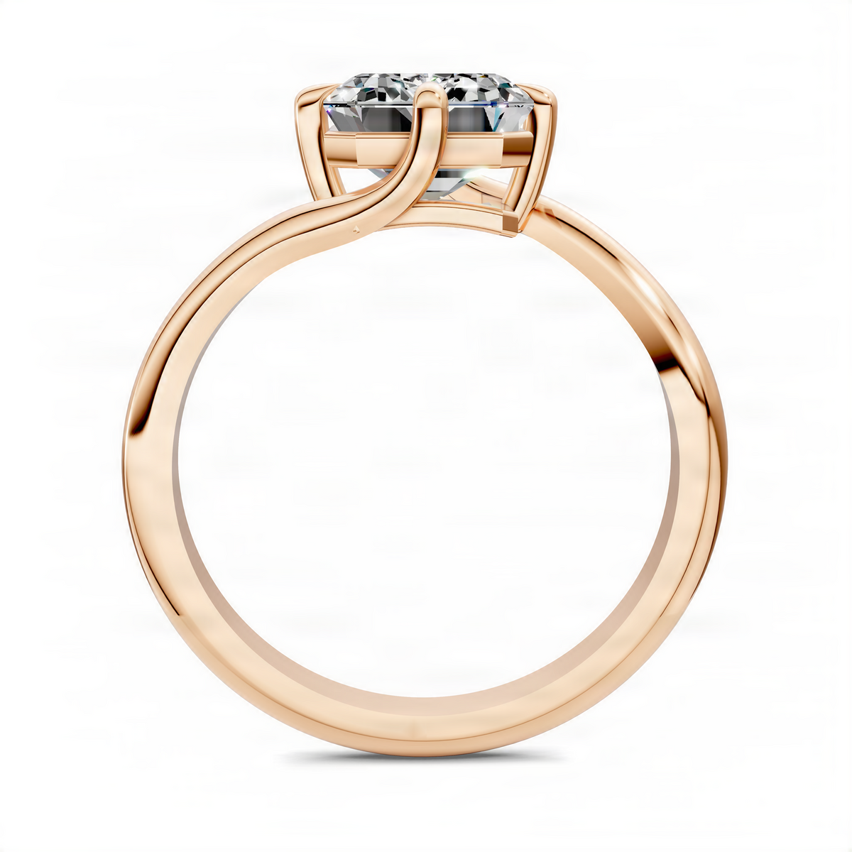Rose gold bypass solitaire ring with emerald-cut diamond solitaire and smooth round band