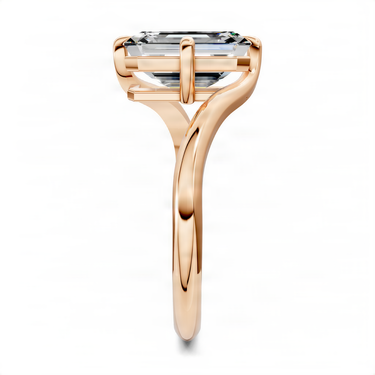 Rose gold bypass solitaire ring with emerald-cut clear center stone