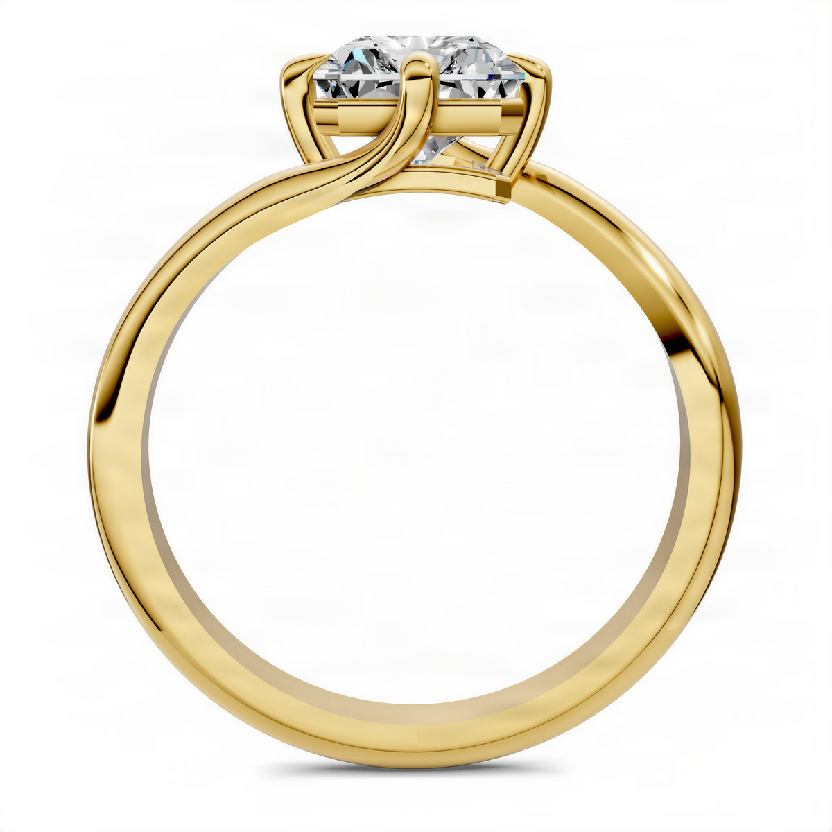 Yellow gold bypass solitaire ring with central square stone and curved halo setting