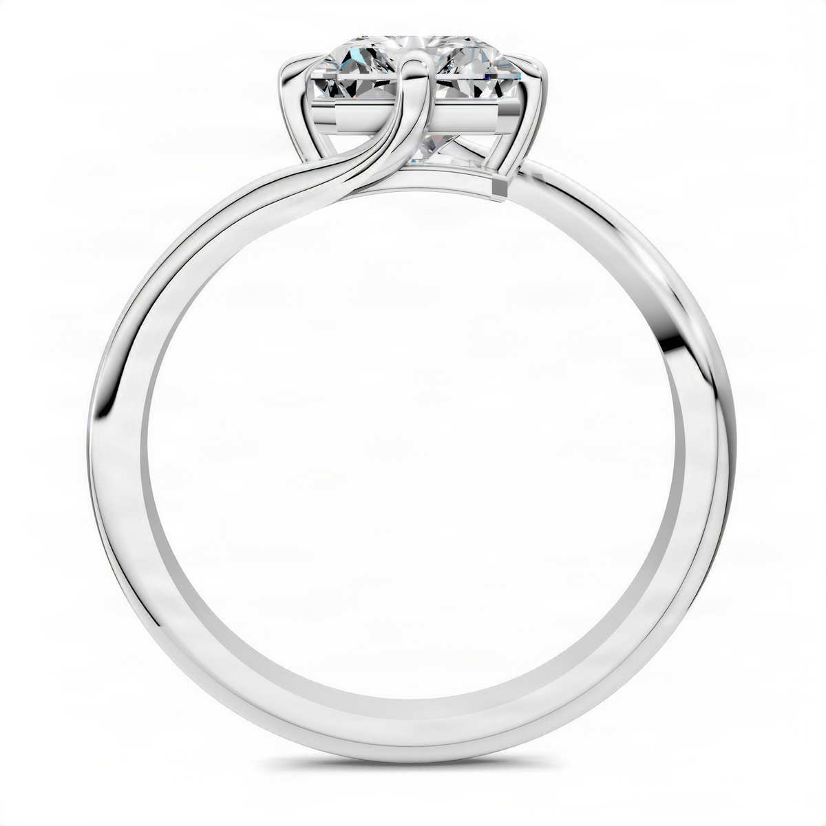 Bypass solitaire ring in white gold with clear step-cut center stone and open bypass shoulders