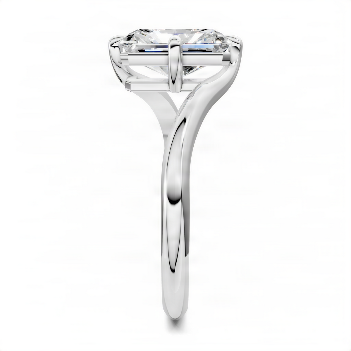 White bypass solitaire ring with square center stone and polished split band