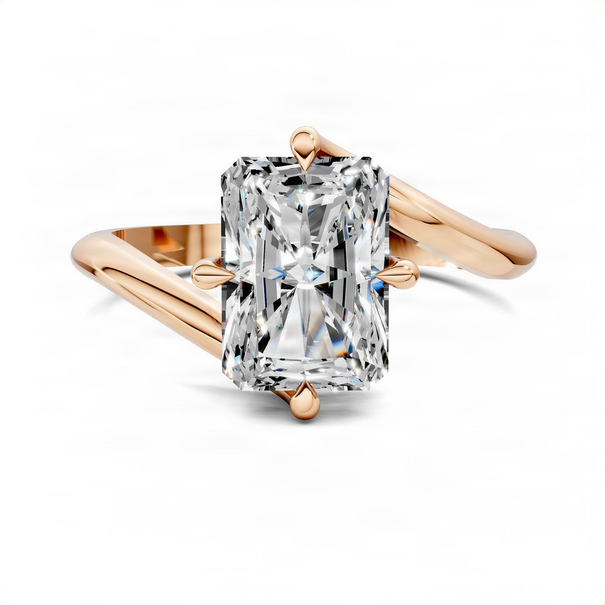Rose gold bypass solitaire ring with large square center stone and split shoulders