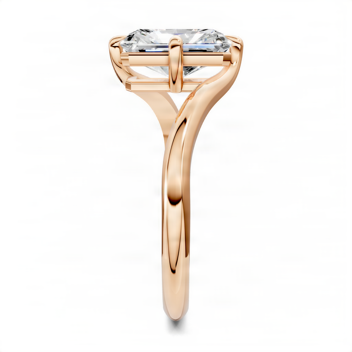 Rose gold bypass solitaire ring with square center stone and polished split shank