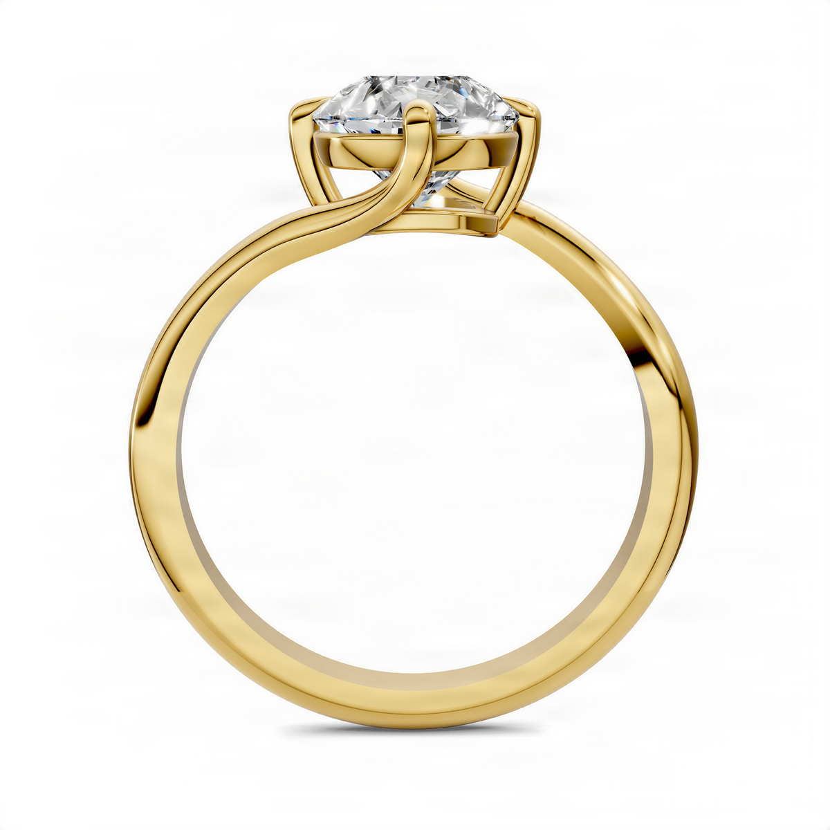 Yellow gold bypass solitaire ring with pear-cut center stone and smooth round band base