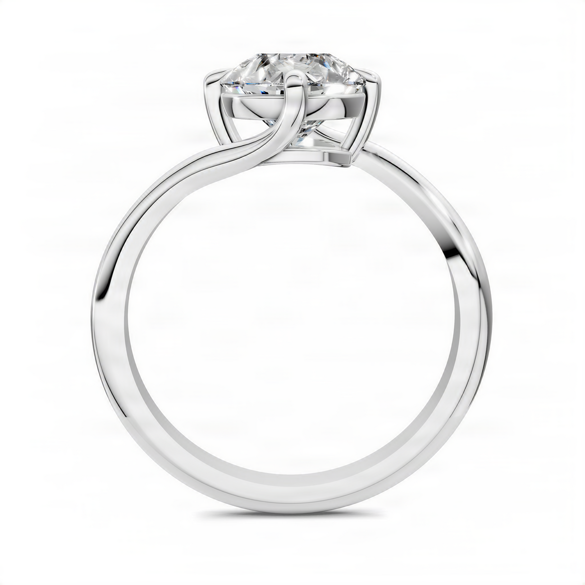 Platinum bypass solitaire ring with pear-cut center stone and curved split shank