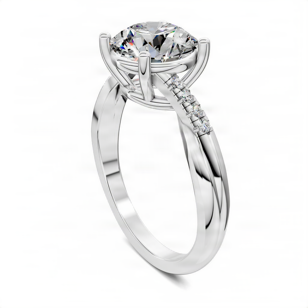 Round twisted pavé ring with round center stone in white metal