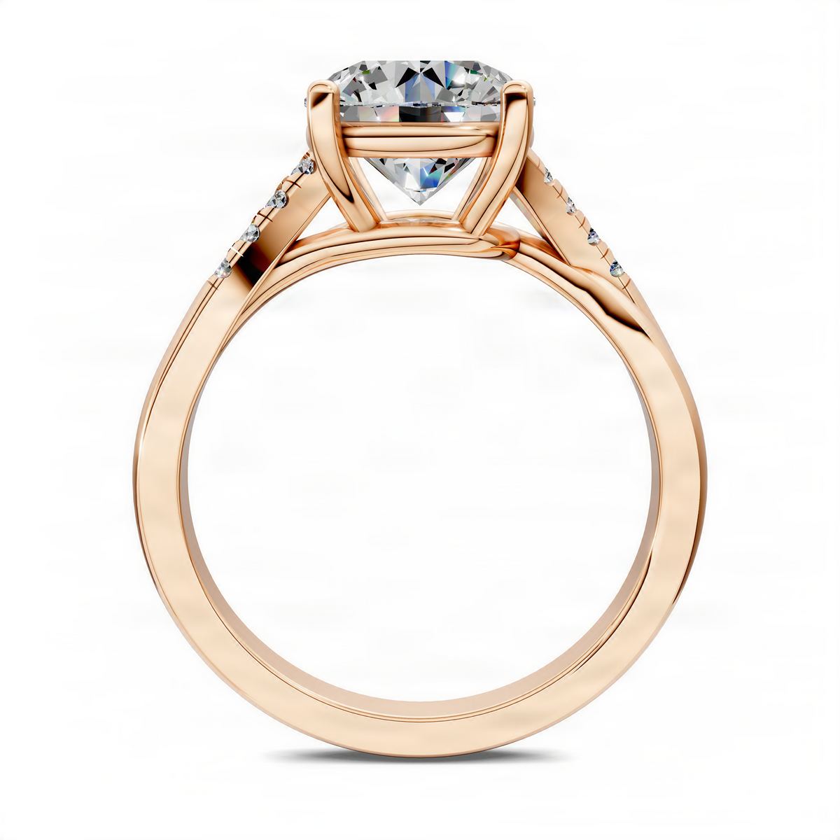 Round twisted pavé ring in yellow gold with a round center stone, side view
