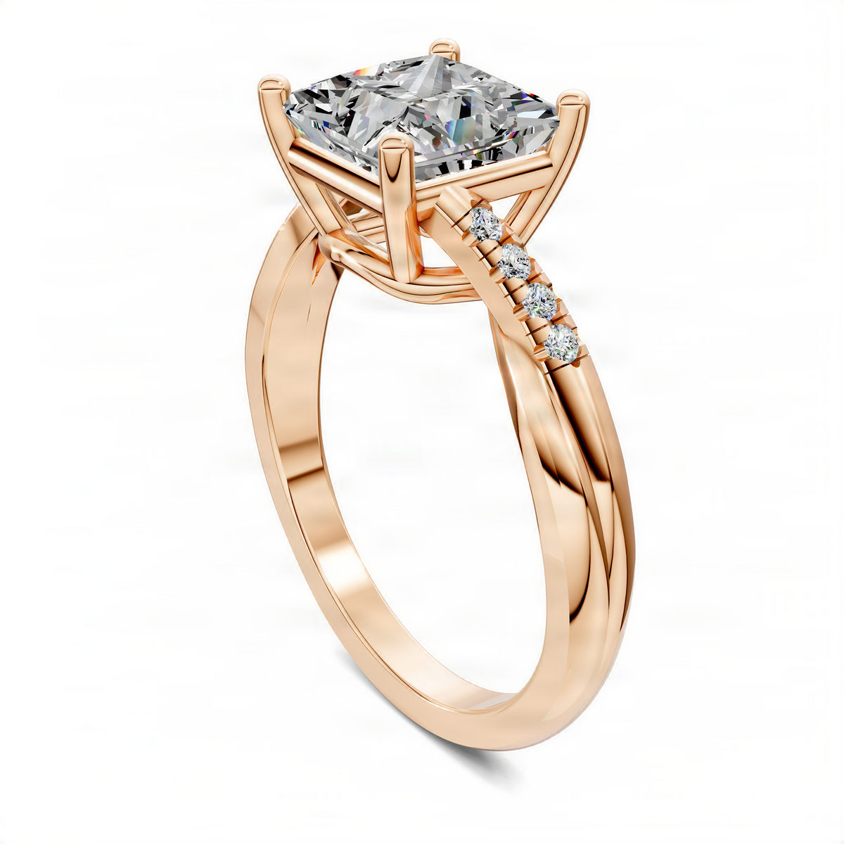 Yellow gold twisted pavé ring with square center stone