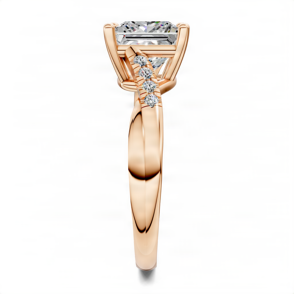 Twisted pavé engagement ring with rectangular center stone in yellow gold