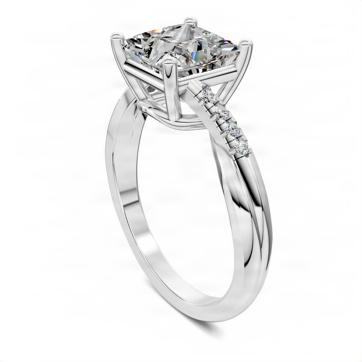 Princess-cut pavé ring in white metal with twisted split shank