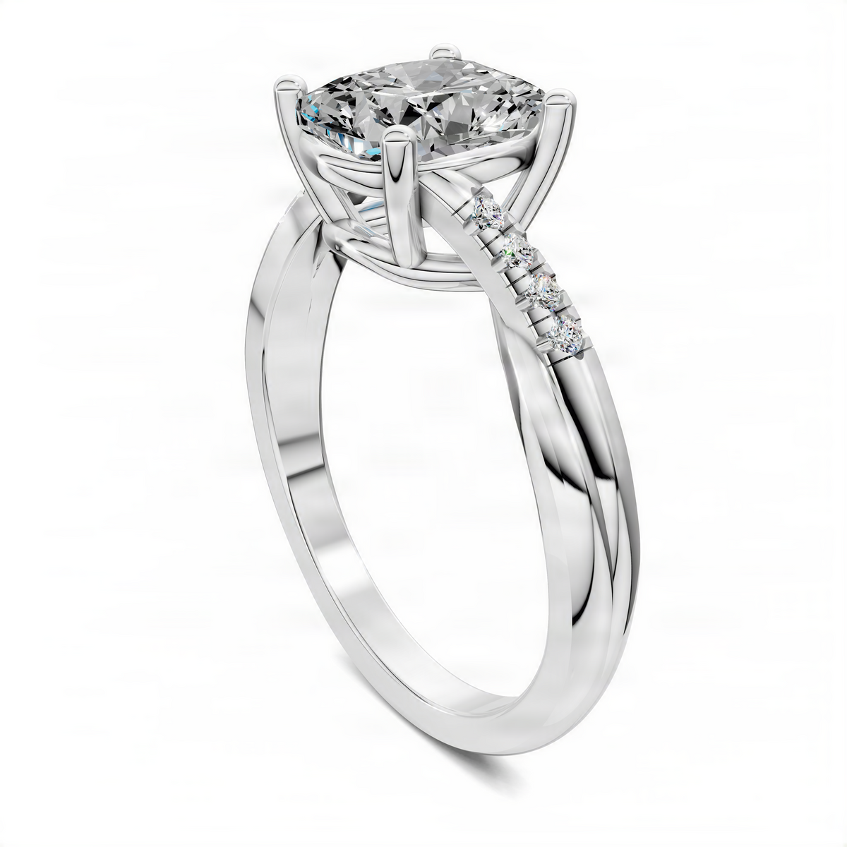 Opes cushion twisted pavé ring in white metal with cushion-cut center stone