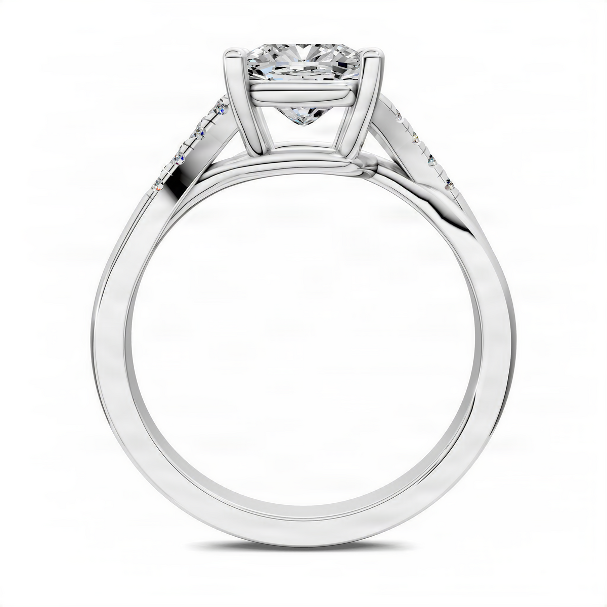 Opes cushion cut pavé engagement ring in white metal, side view