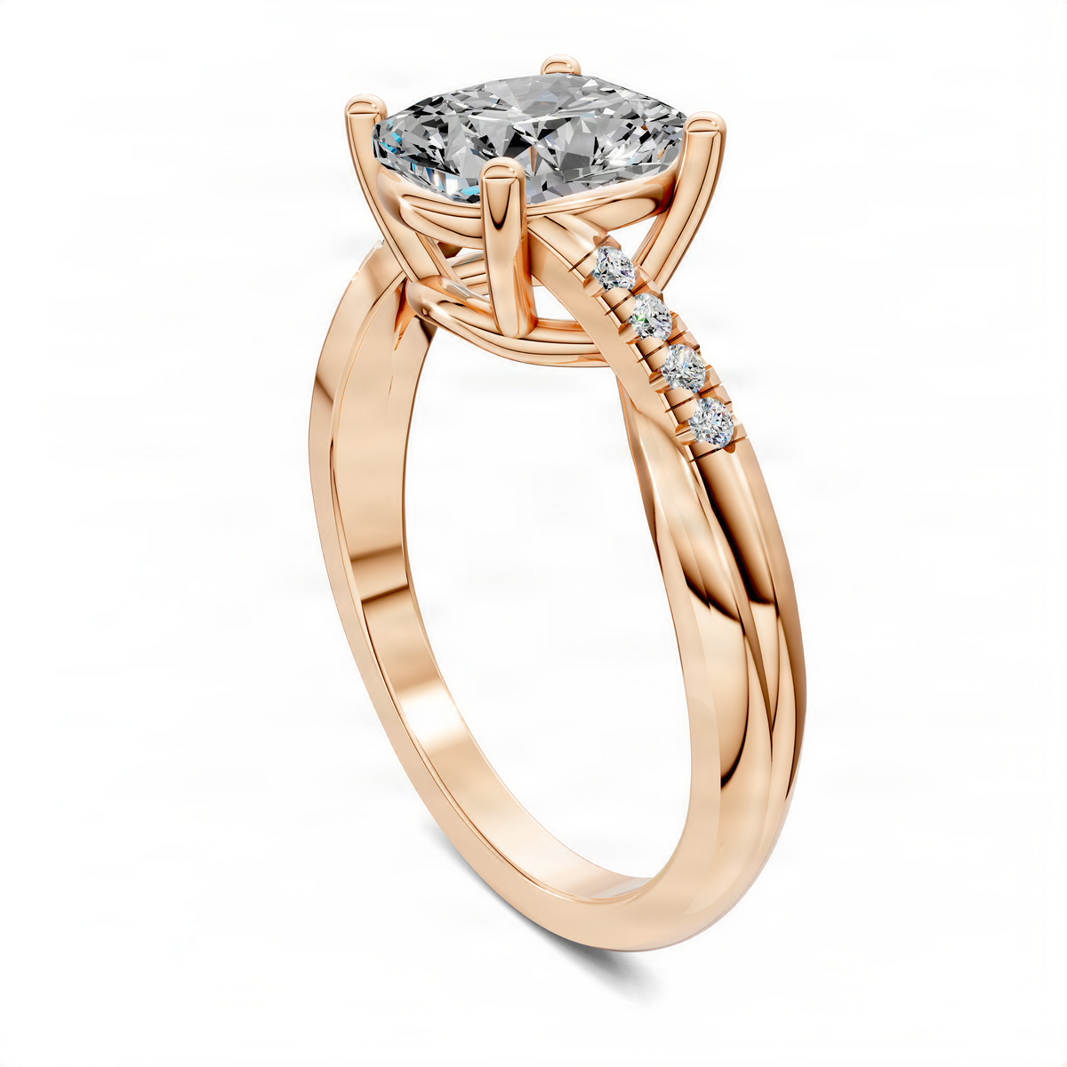 Rose gold cushion twisted pavé ring with large cushion-cut center stone