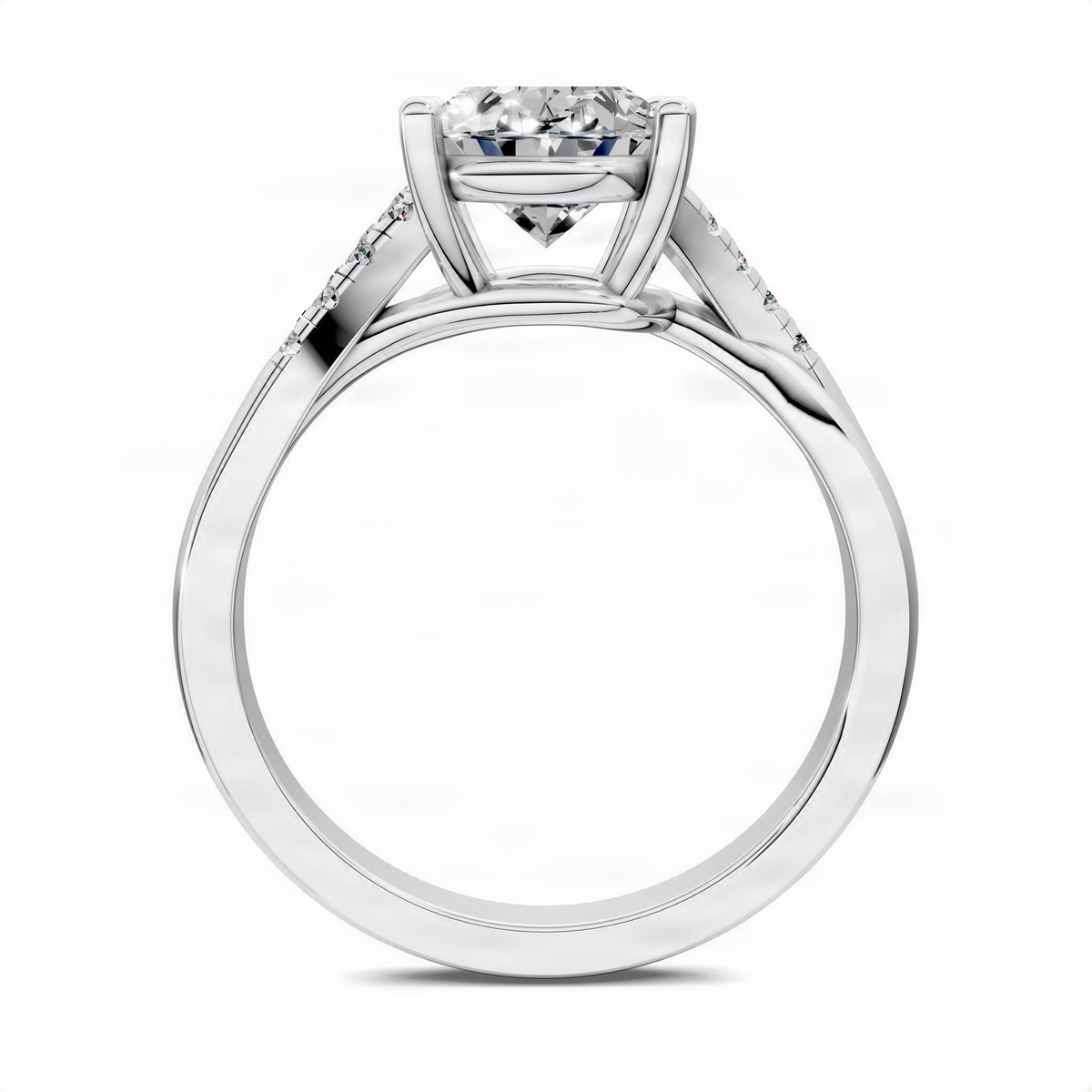 Oval twisted pavé ring with oval-cut center stone, side view