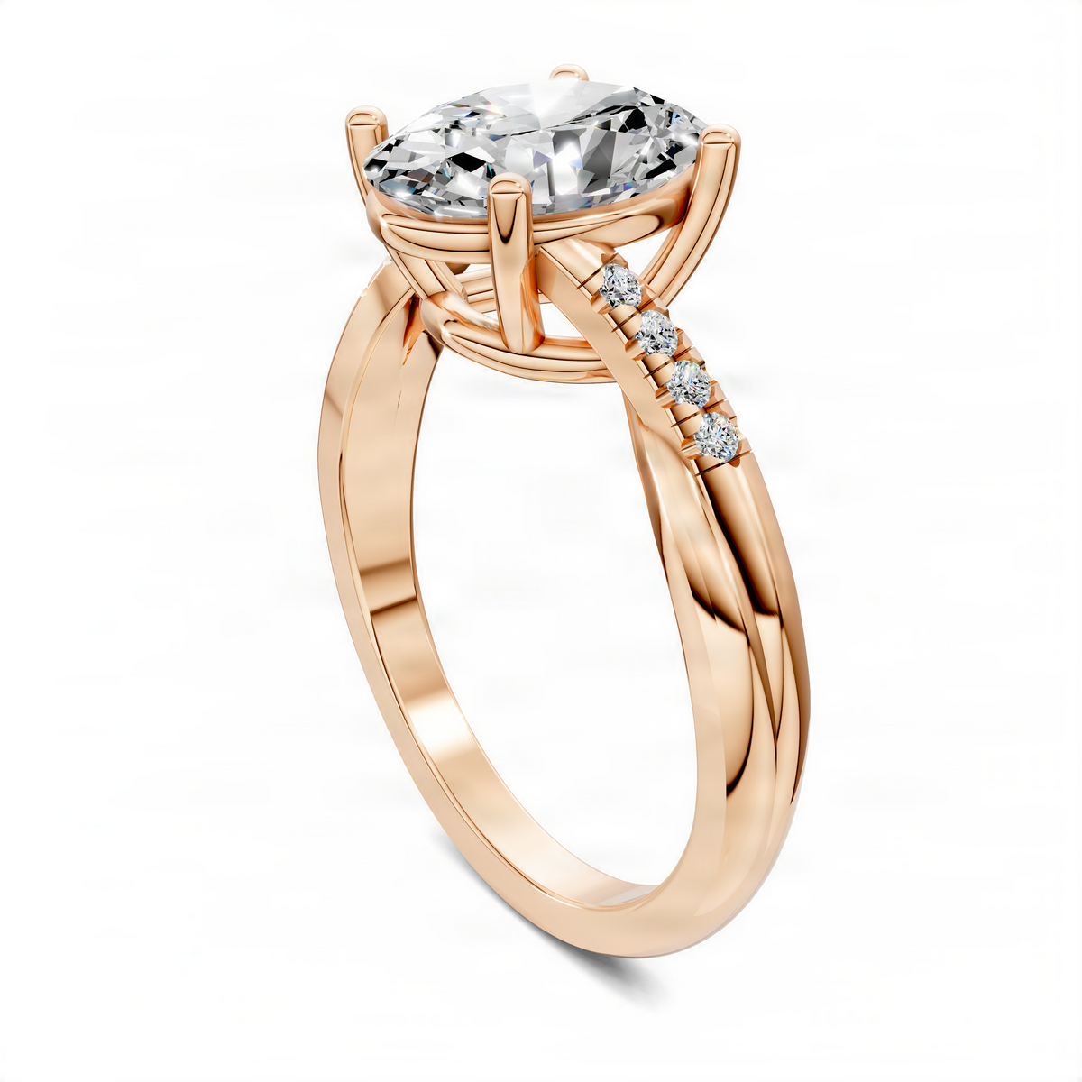 Oval twisted pavé ring in yellow gold with a large oval center stone