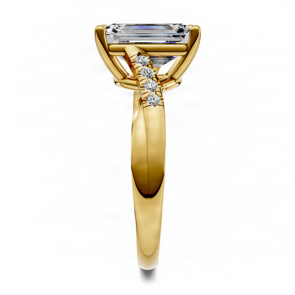 Emerald-cut pavé twisted ring in yellow gold, side profile