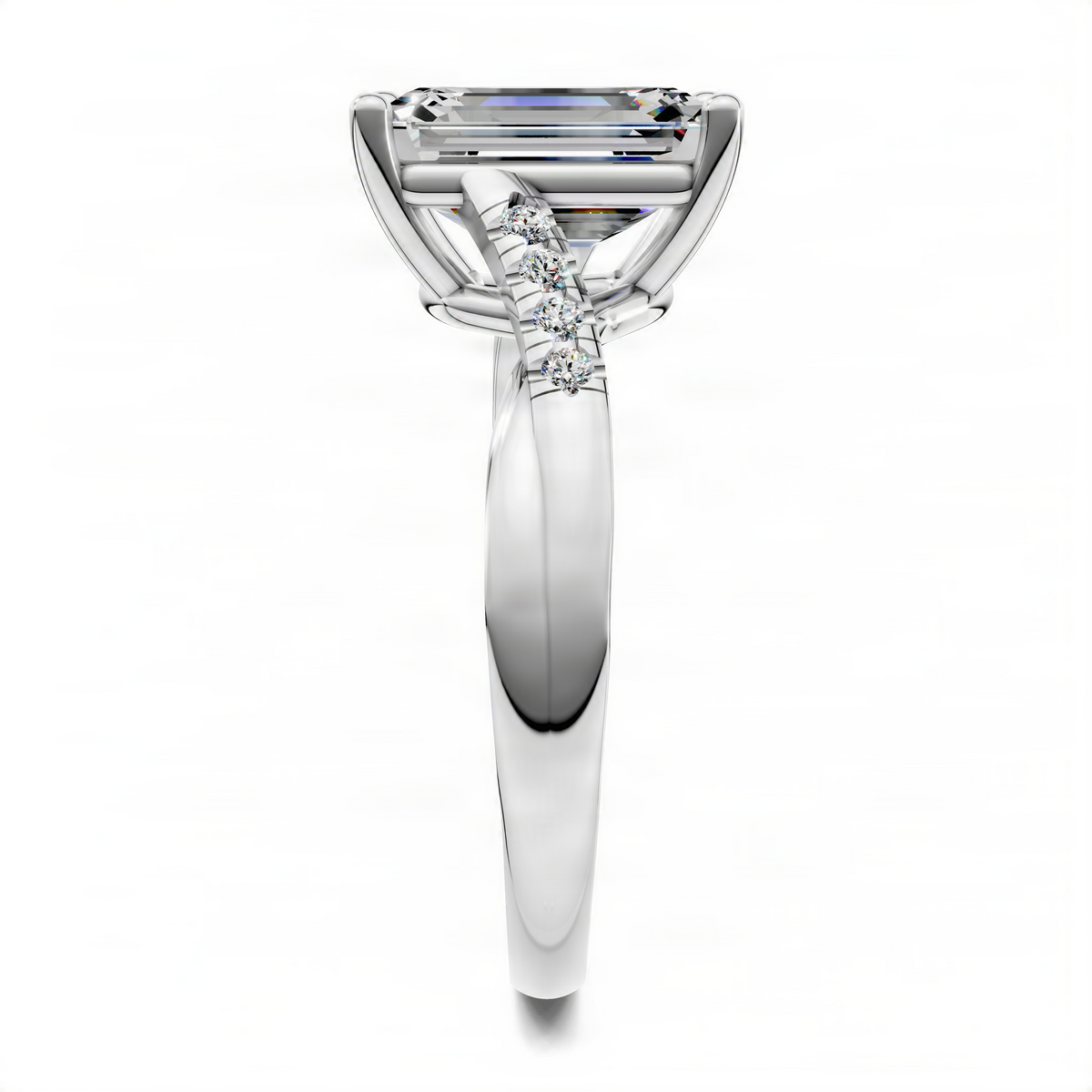 Opes emerald-cut pavé ring in white metal with twisted band and diamond accents