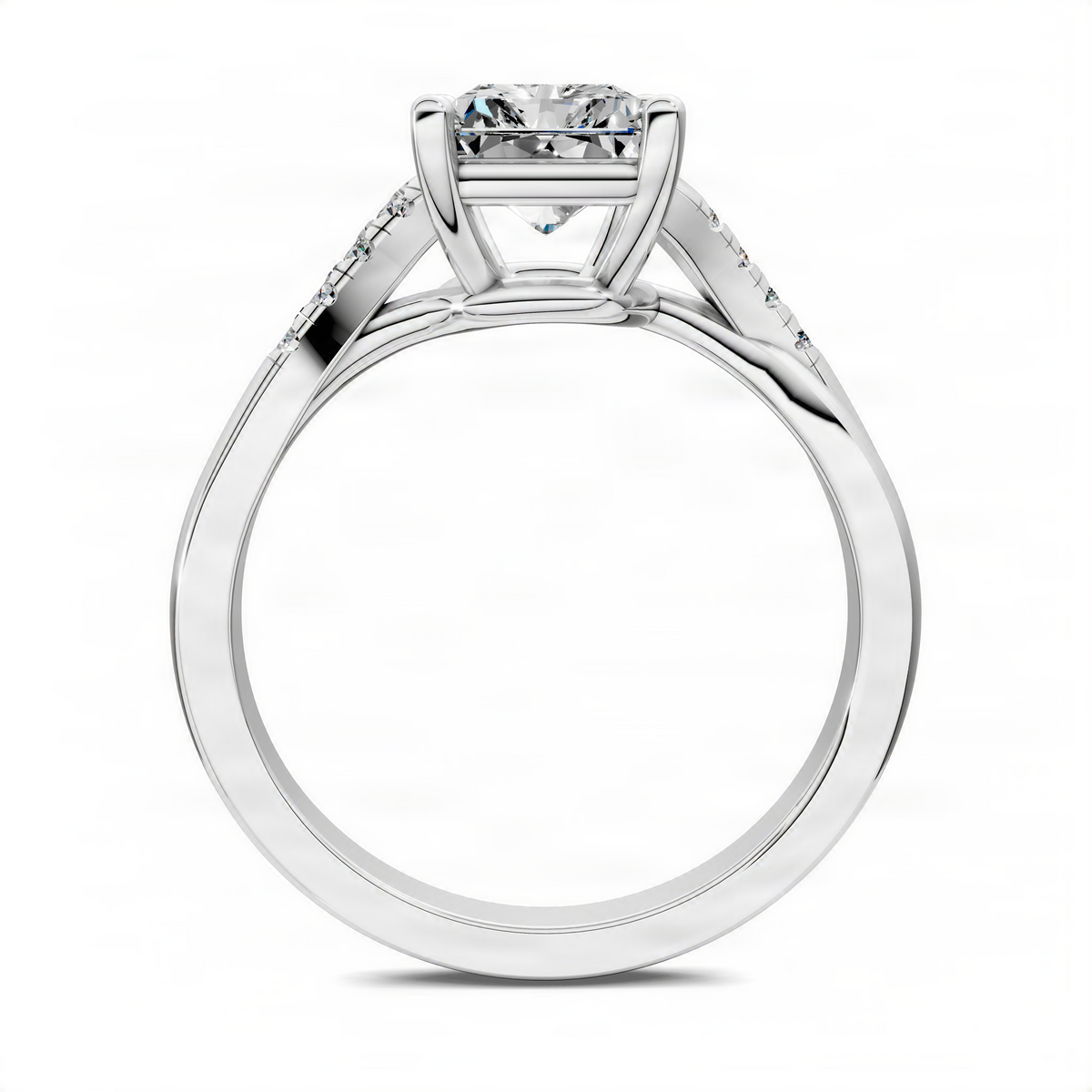 Opes Radiant twisted pavé engagement ring in white metal, side view