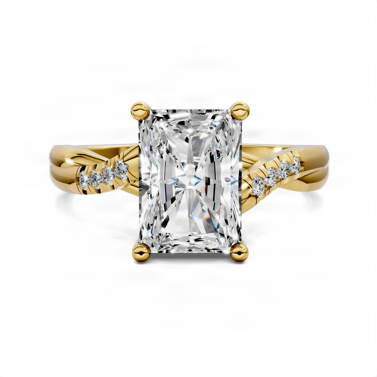 Yellow gold twisted pavé ring with rectangular center stone