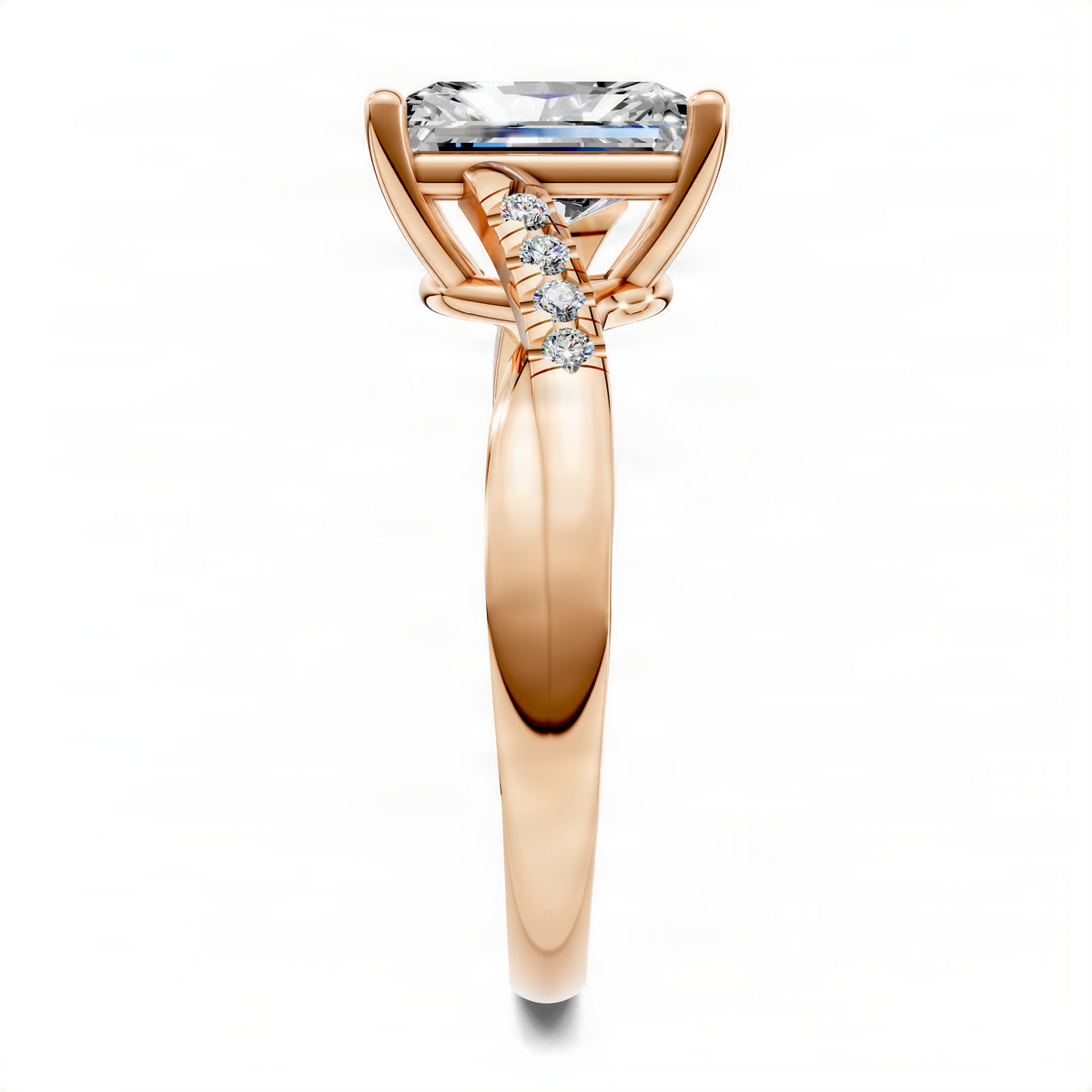 Twisted pavé engagement ring in yellow gold with a round center stone, side view