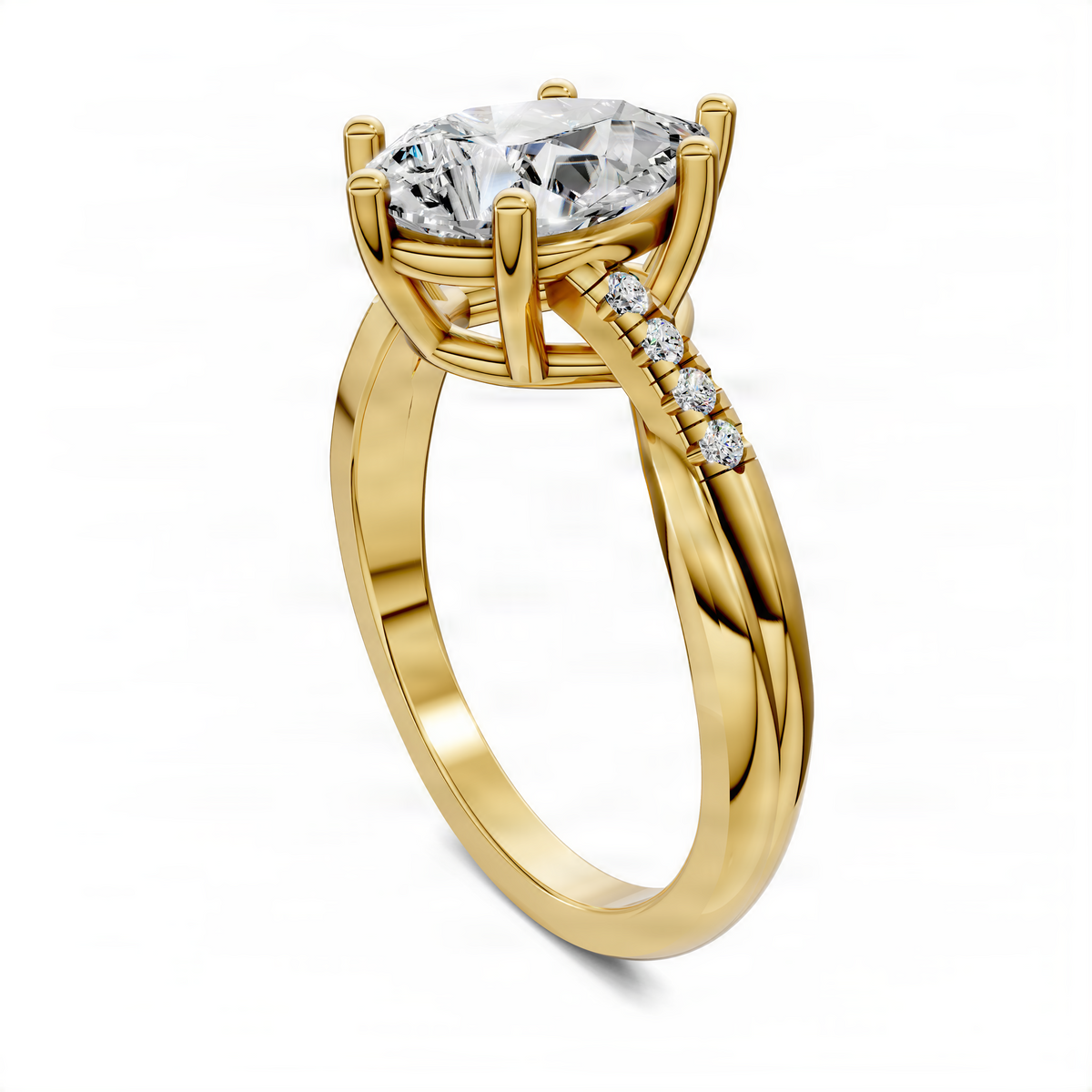 Pear-cut pavé twist ring in yellow gold with pear center stone