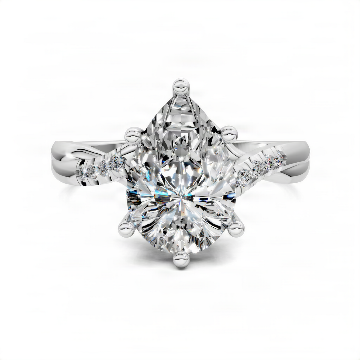 Pear twisted pavé ring with pear-cut center stone and side pavé in white metal
