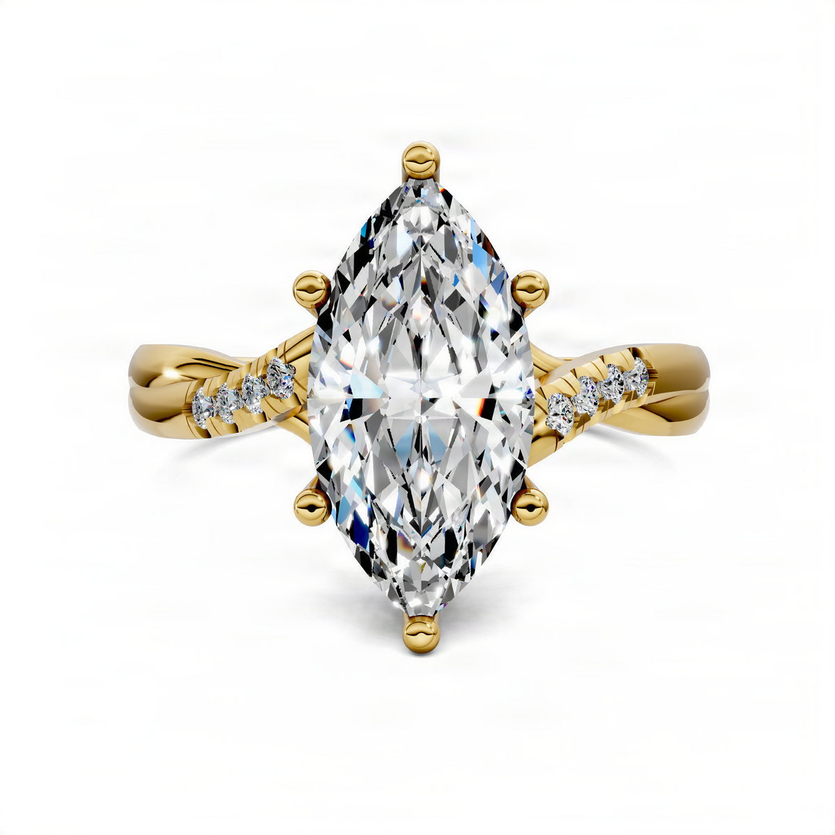 Marquise-cut diamond ring in yellow gold with twisted pavé band