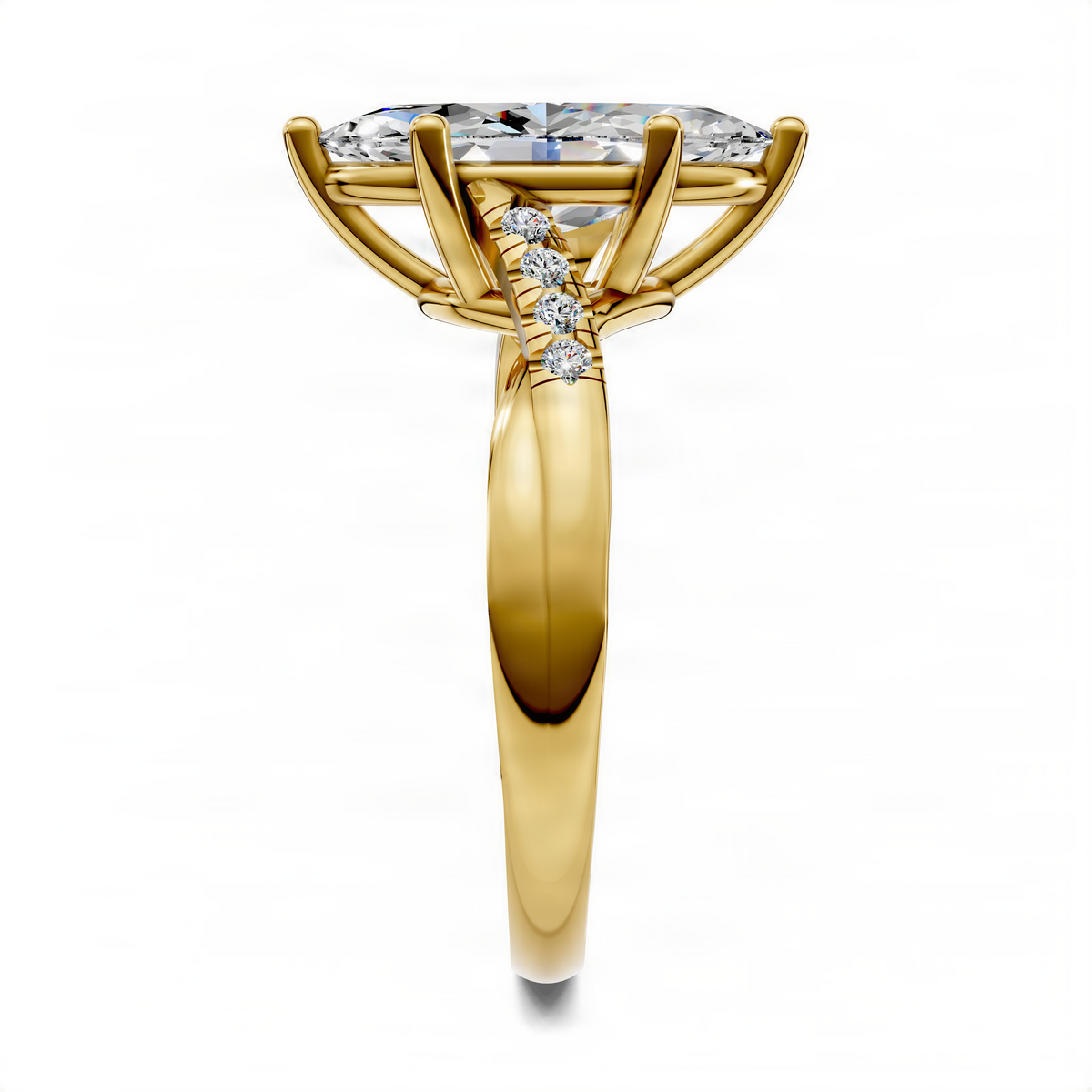 Marquise-cut pavé ring in yellow gold, side view