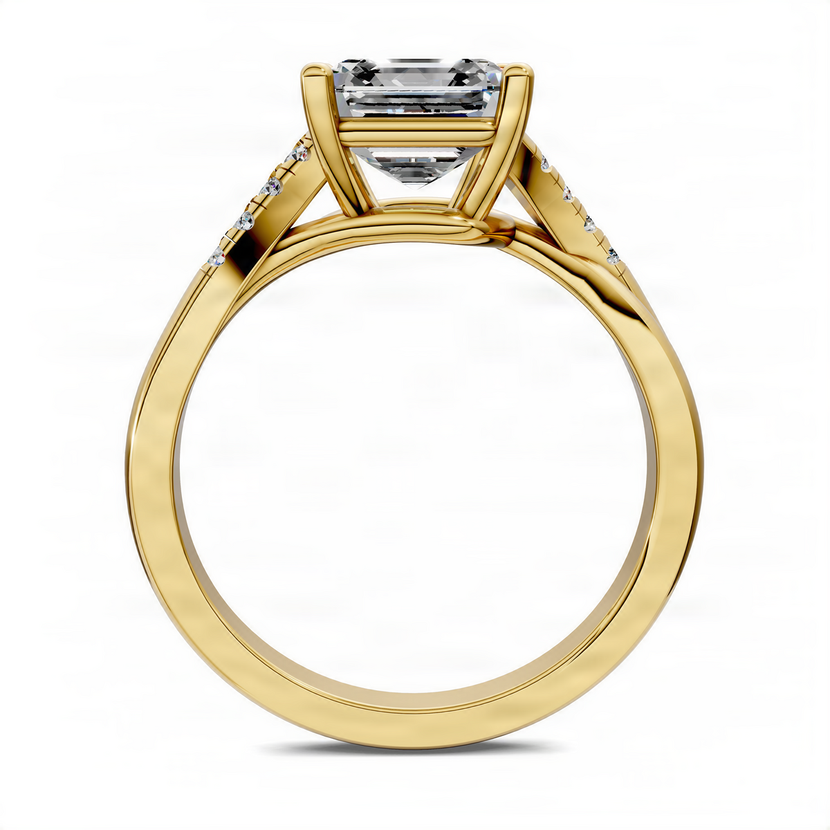 Asscher-cut pavé ring in yellow gold with twisted shank, side view