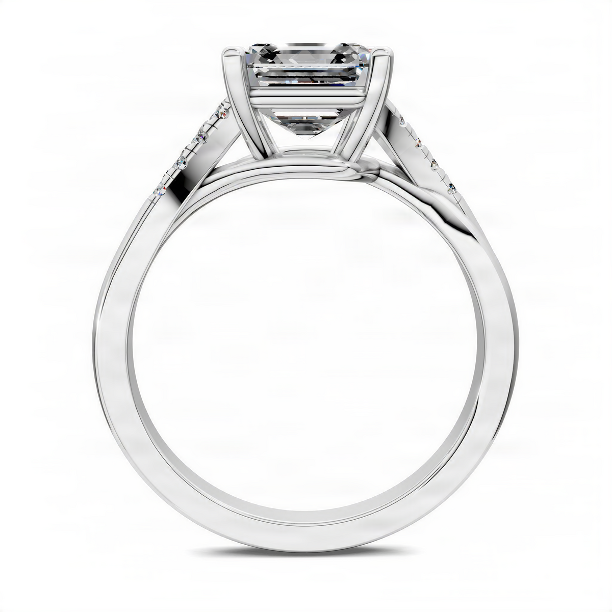 Asscher-cut diamond ring with twisted pavé band, side profile