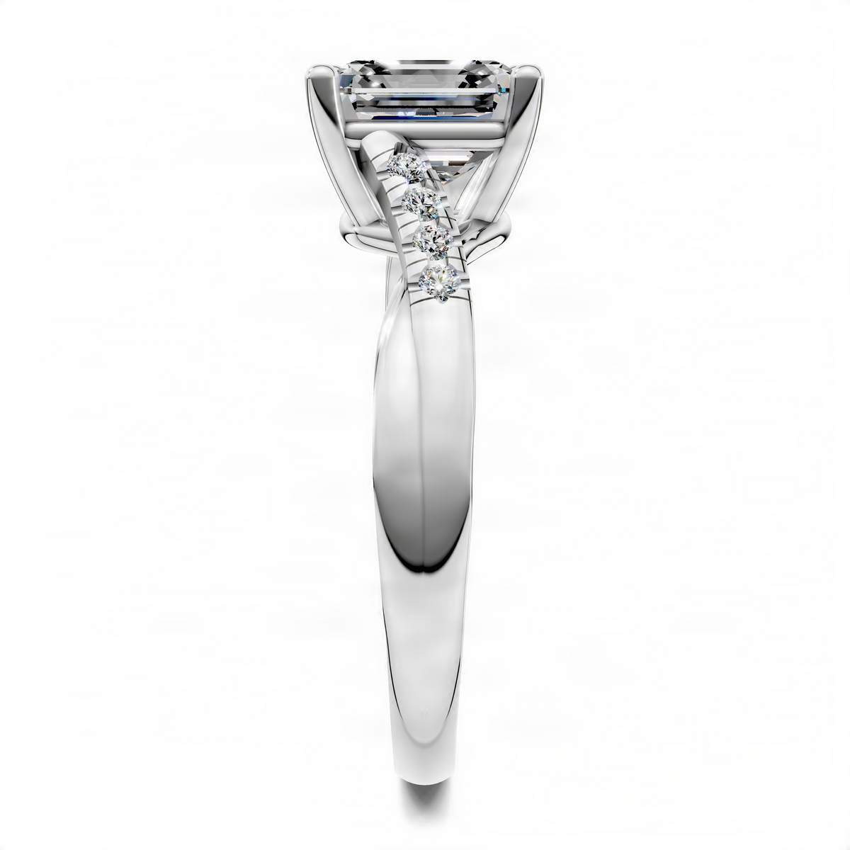 Platinum Asscher-cut ring with twisted pavé band