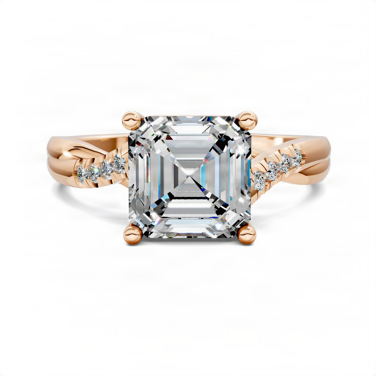 Asscher-cut diamond ring with twisted pavé rose gold band