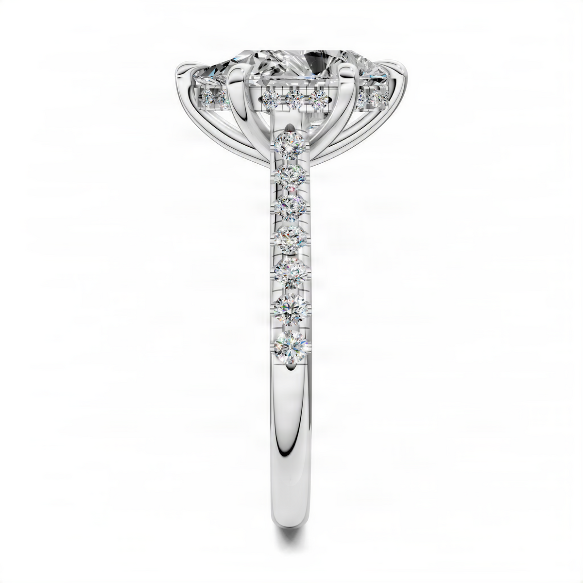 Opes Pear hidden halo cathedral pavé ring with pear-cut center stone