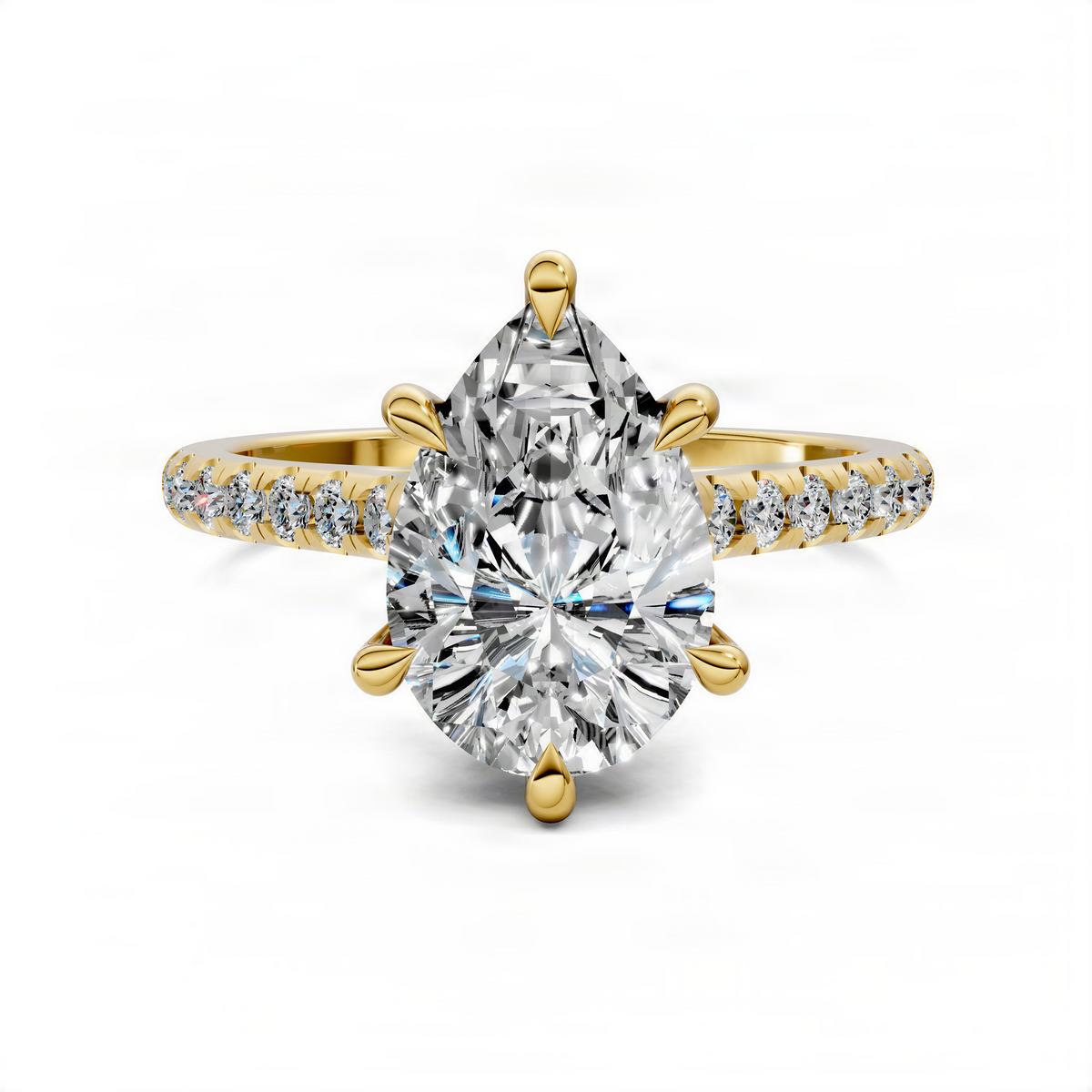 Oval-cut diamond engagement ring in yellow gold with pavé band and cathedral setting
