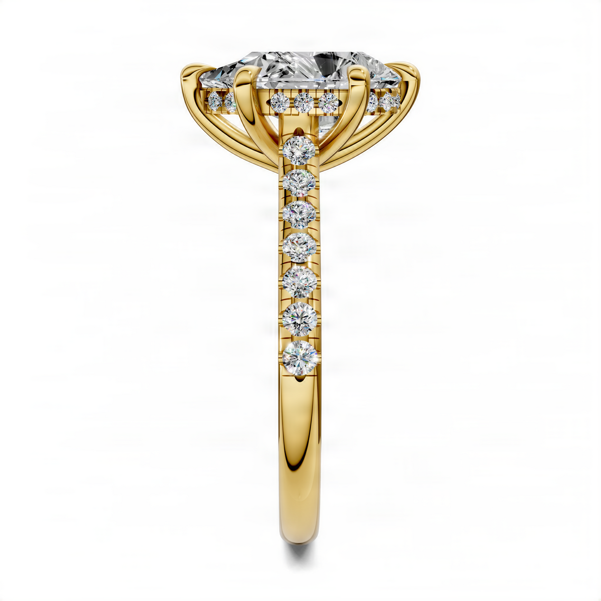 Yellow gold cathedral pavé ring with round center stone