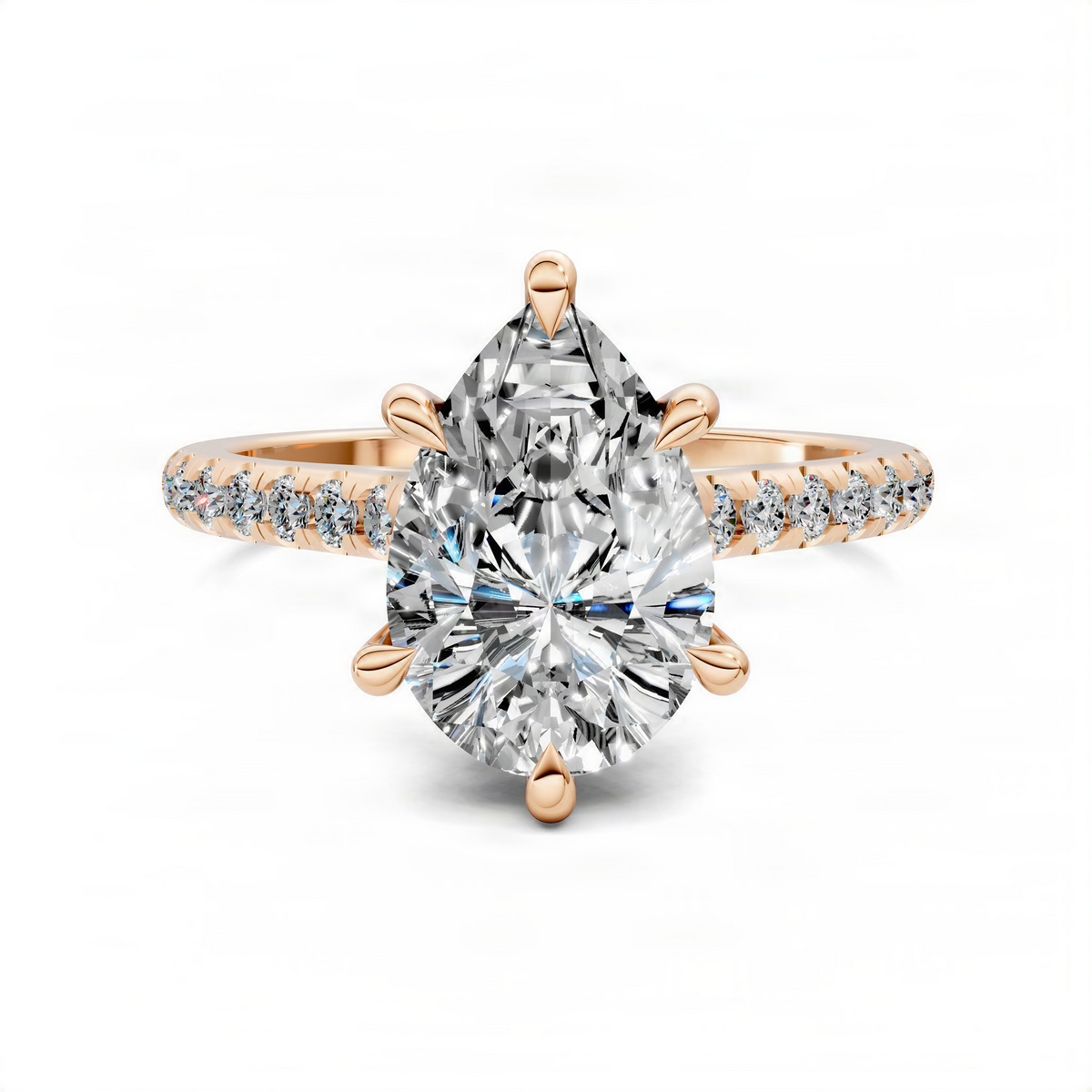 Opes pear hidden halo cathedral pavé ring in rose gold with pear-cut center stone