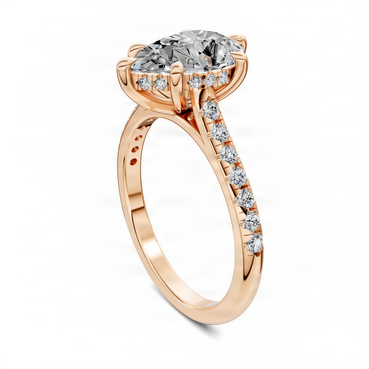 Opes hidden halo cathedral pavé ring in rose gold with diamond pavé band