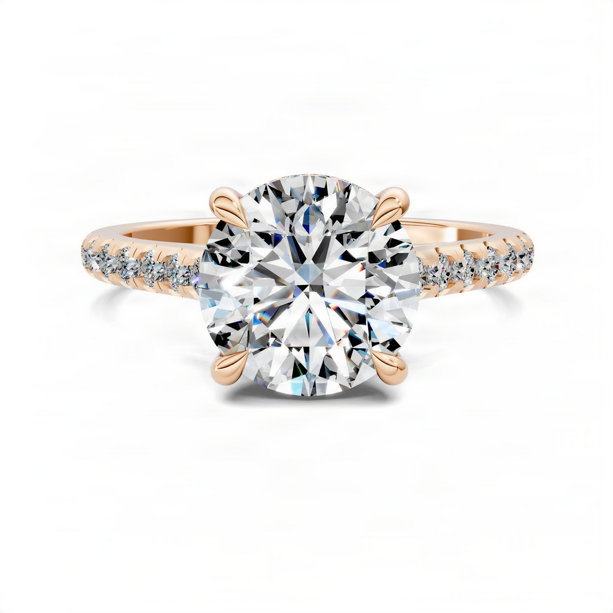 Round diamond ring in yellow gold with cathedral pavé band