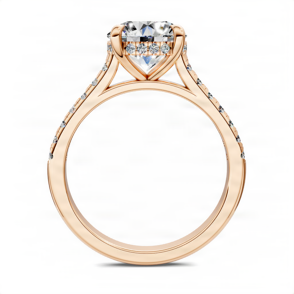 Opes rose gold ring with round center stone, hidden halo, and pavé shoulders