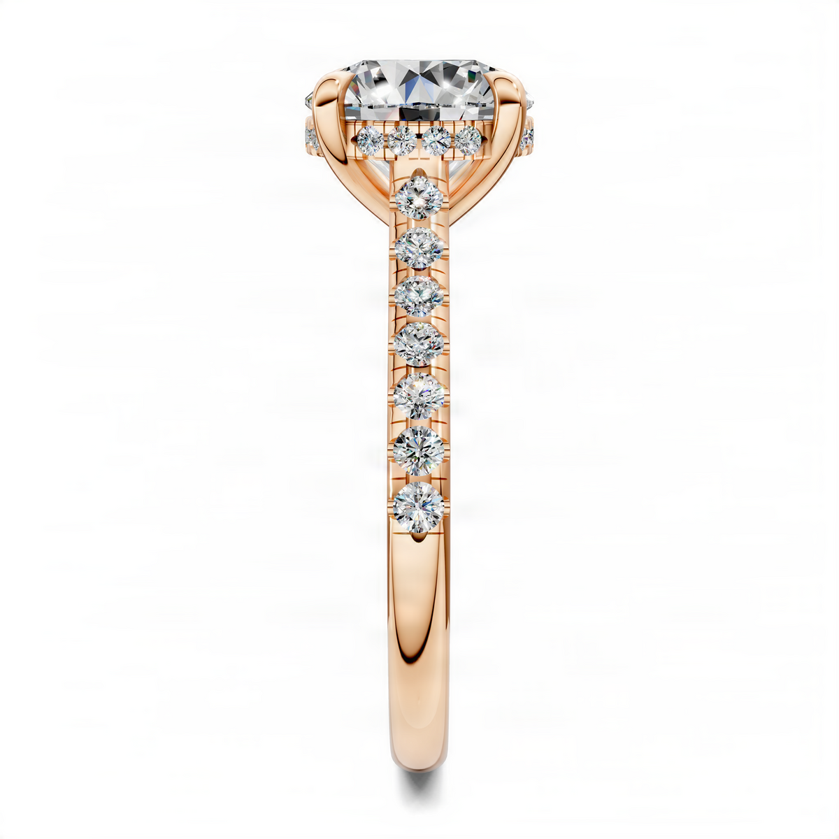 Rose gold cathedral pavé ring with round center stone and hidden halo