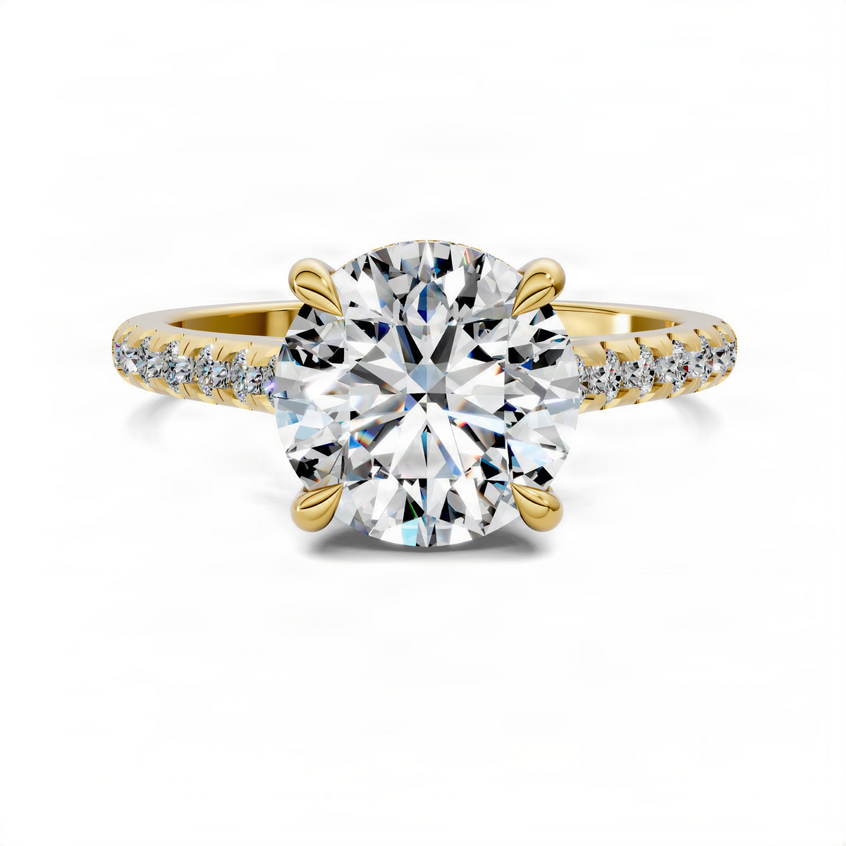Round diamond ring in yellow gold with pavé band and cathedral setting