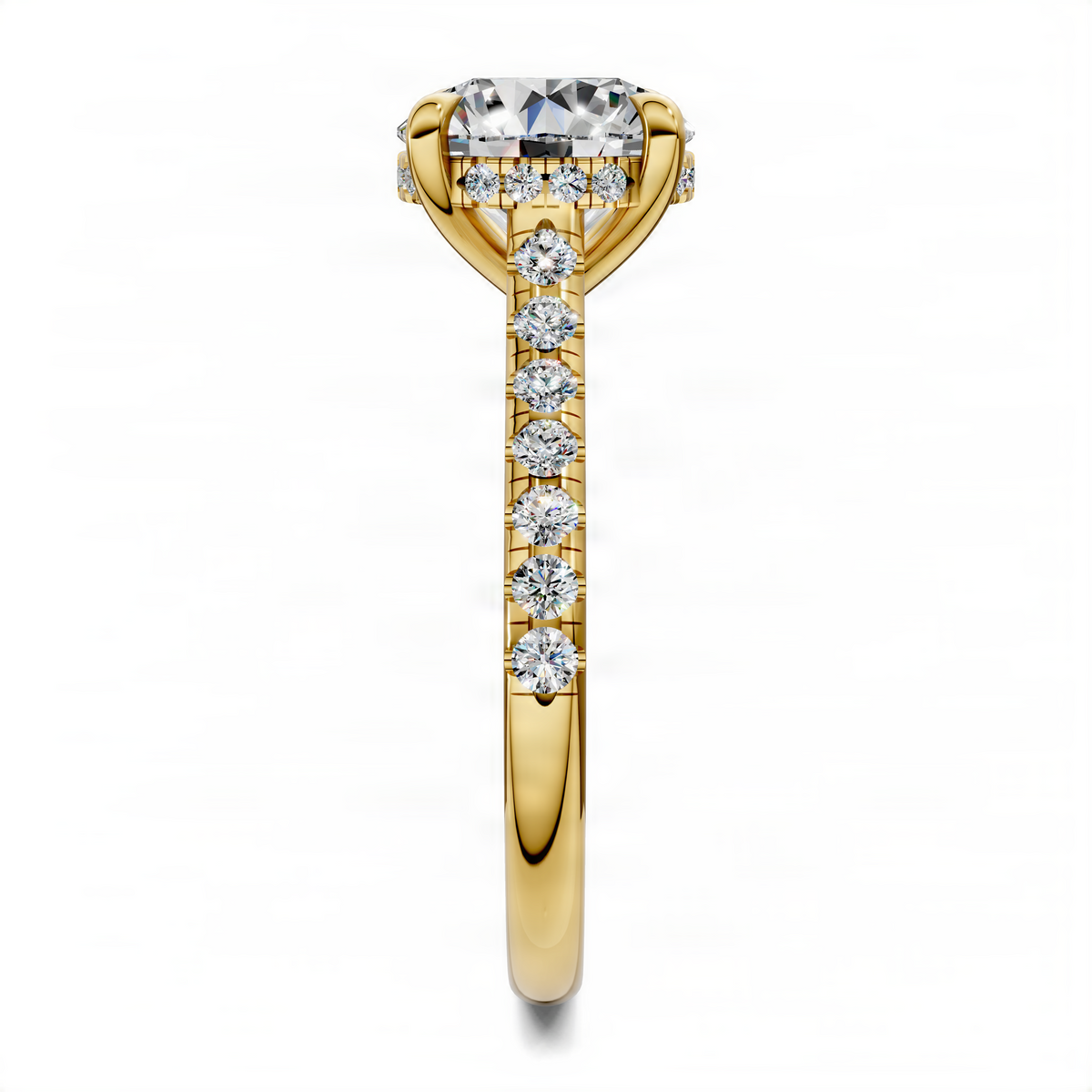 Round hidden halo cathedral pavé ring with round center stone in yellow gold