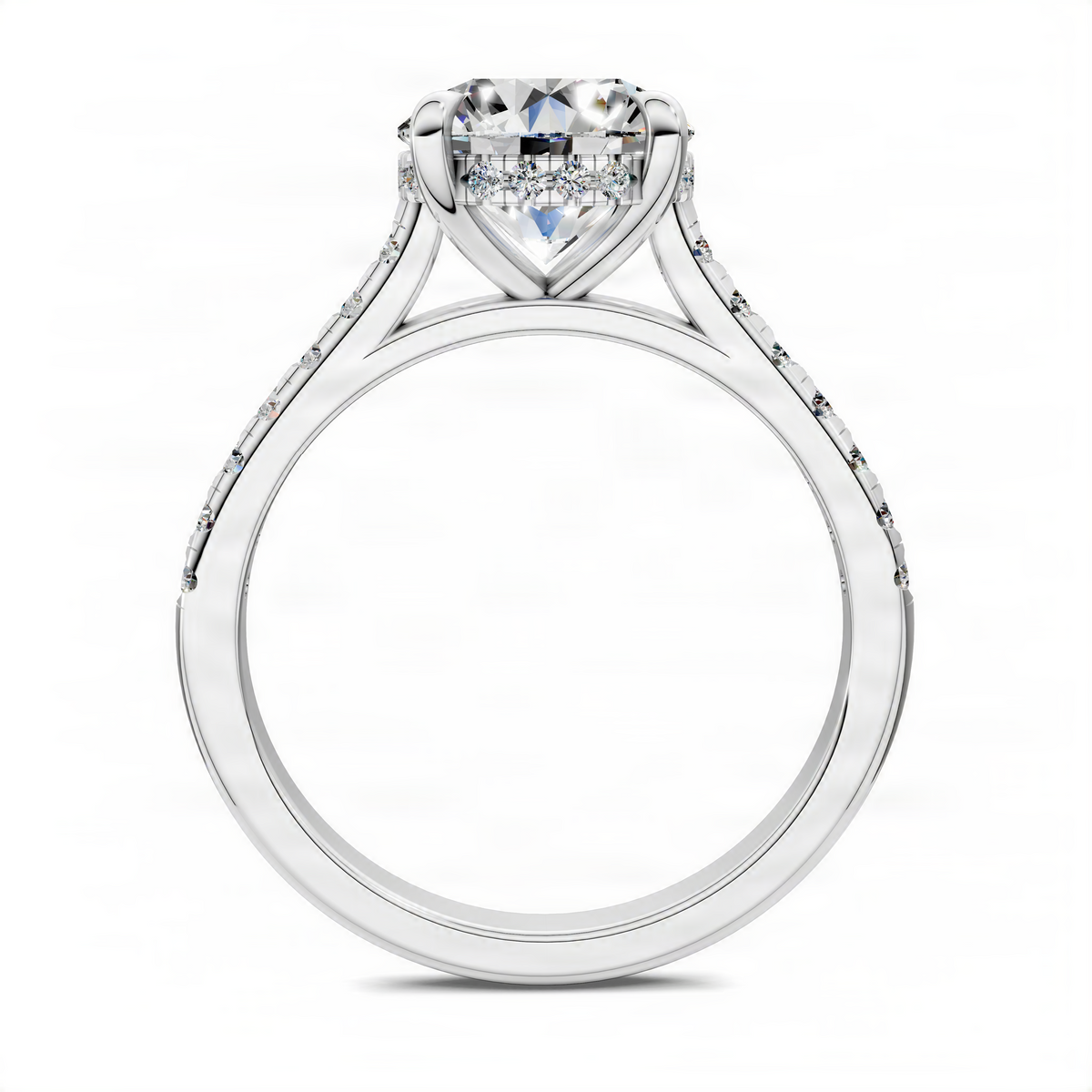 Round hidden halo cathedral pavé engagement ring with round center stone