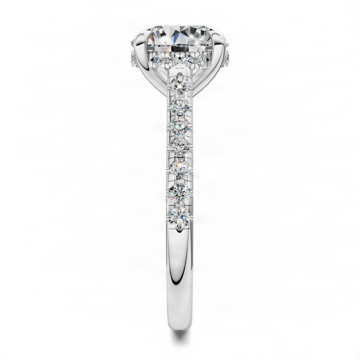 Opes round hidden halo cathedral pavé ring in white metal with diamond center