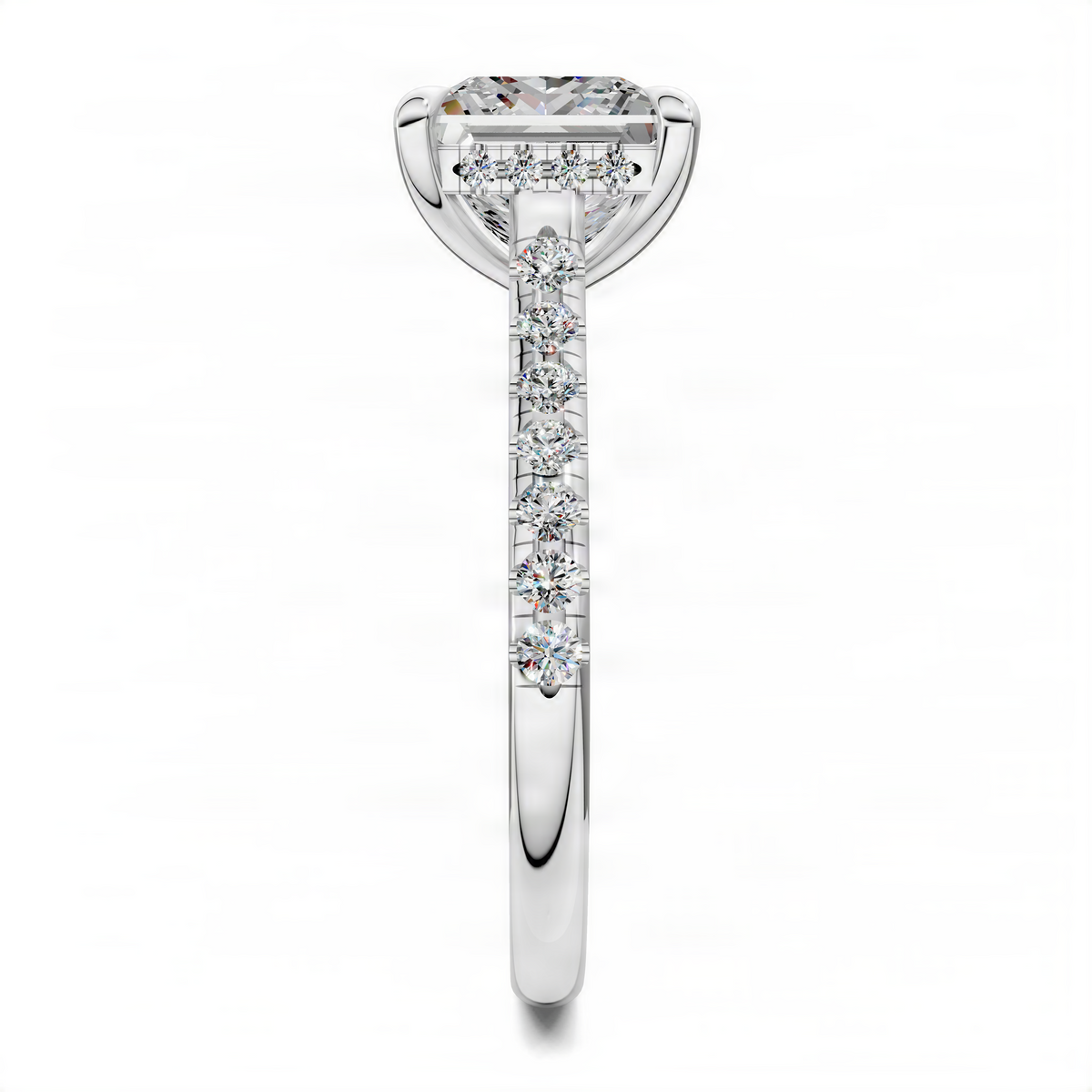 Opes Princess hidden halo cathedral pavé ring, side view in white metal