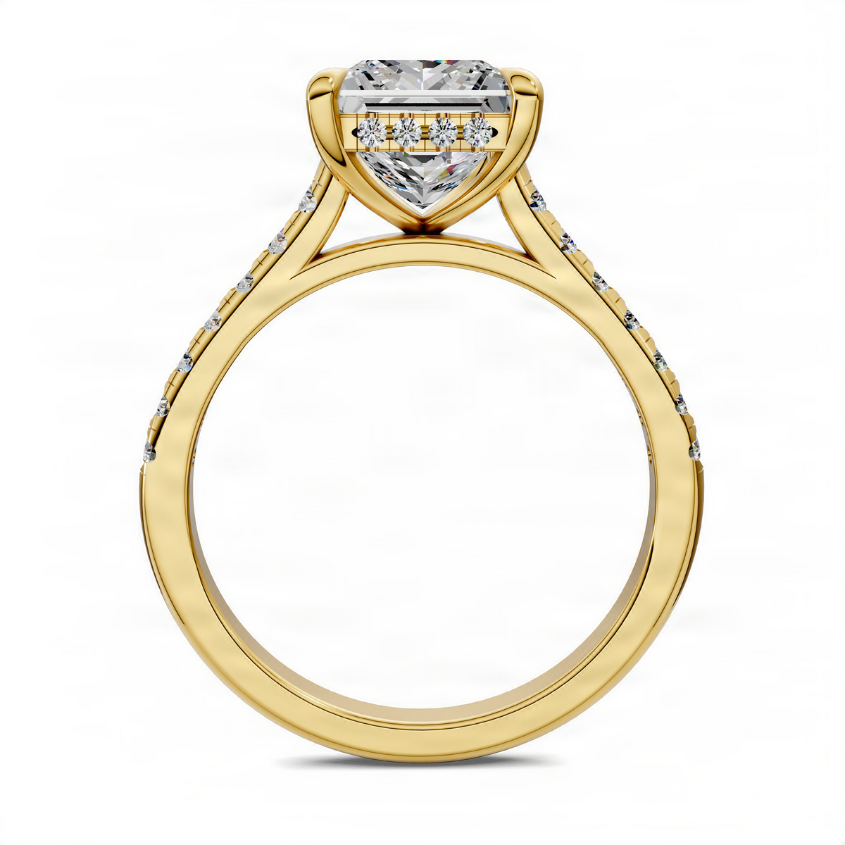 Princess hidden halo cathedral pavé ring in yellow gold with square center stone