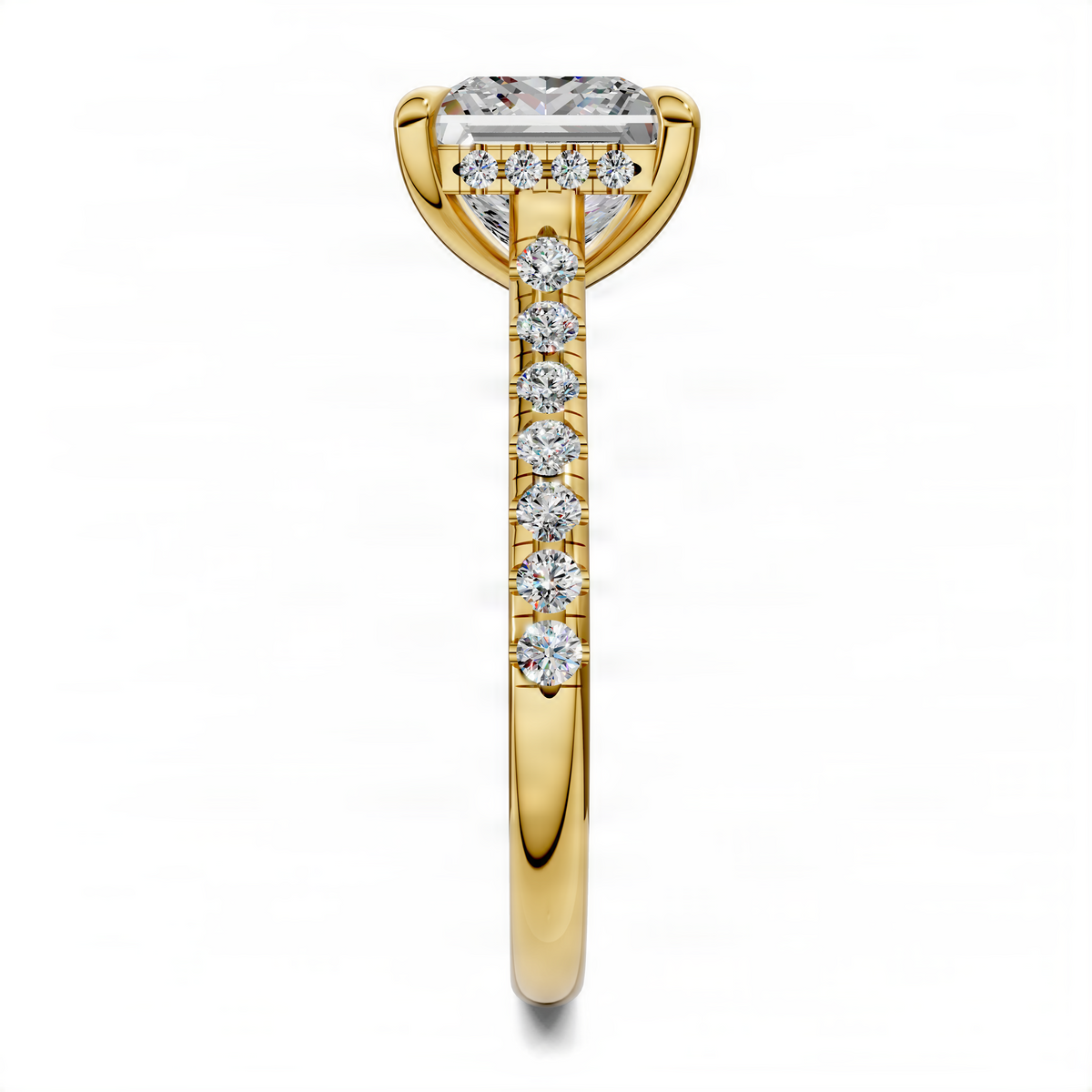 Yellow gold hidden halo cathedral pave engagement ring with round center stone