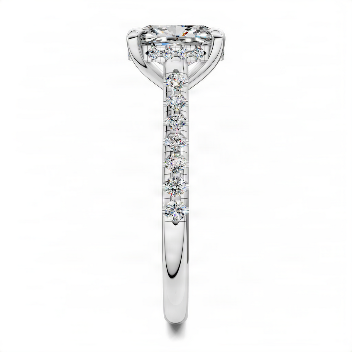 Opes cushion hidden halo cathedral pavé ring, side view