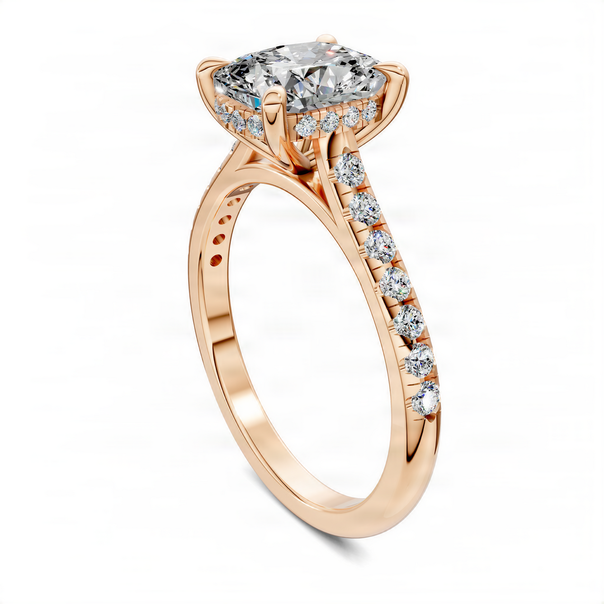 Rose gold cushion-cut halo engagement ring with pavé diamond band